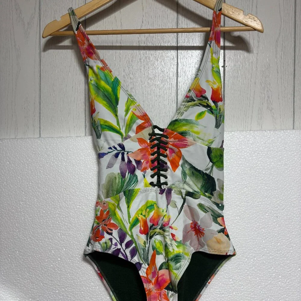 TINIBIKINI Watercolour Tropical Print & Sage Green REVERSIBLE One Piece Swimsuit - Picture 3 of 8
